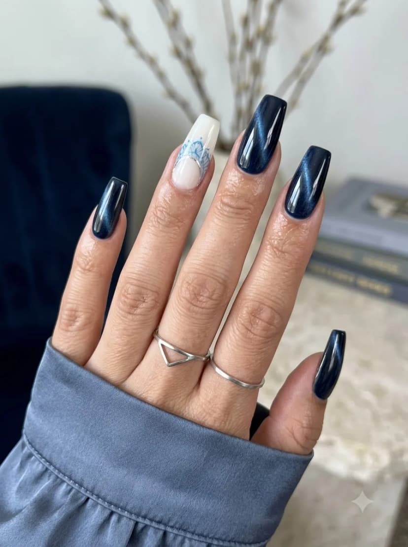 Navy Cat-Eye Blue Porcelain Accent Nails
