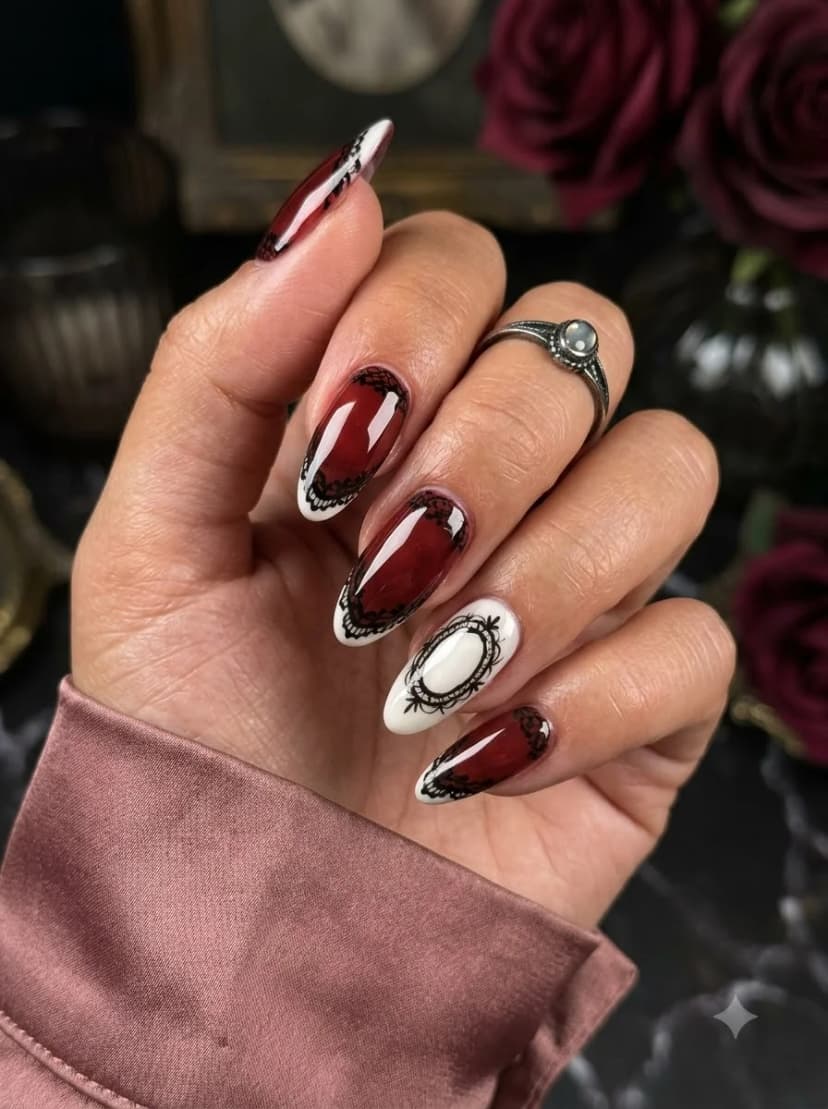 Dark Red Black Lace White Cameo Nails