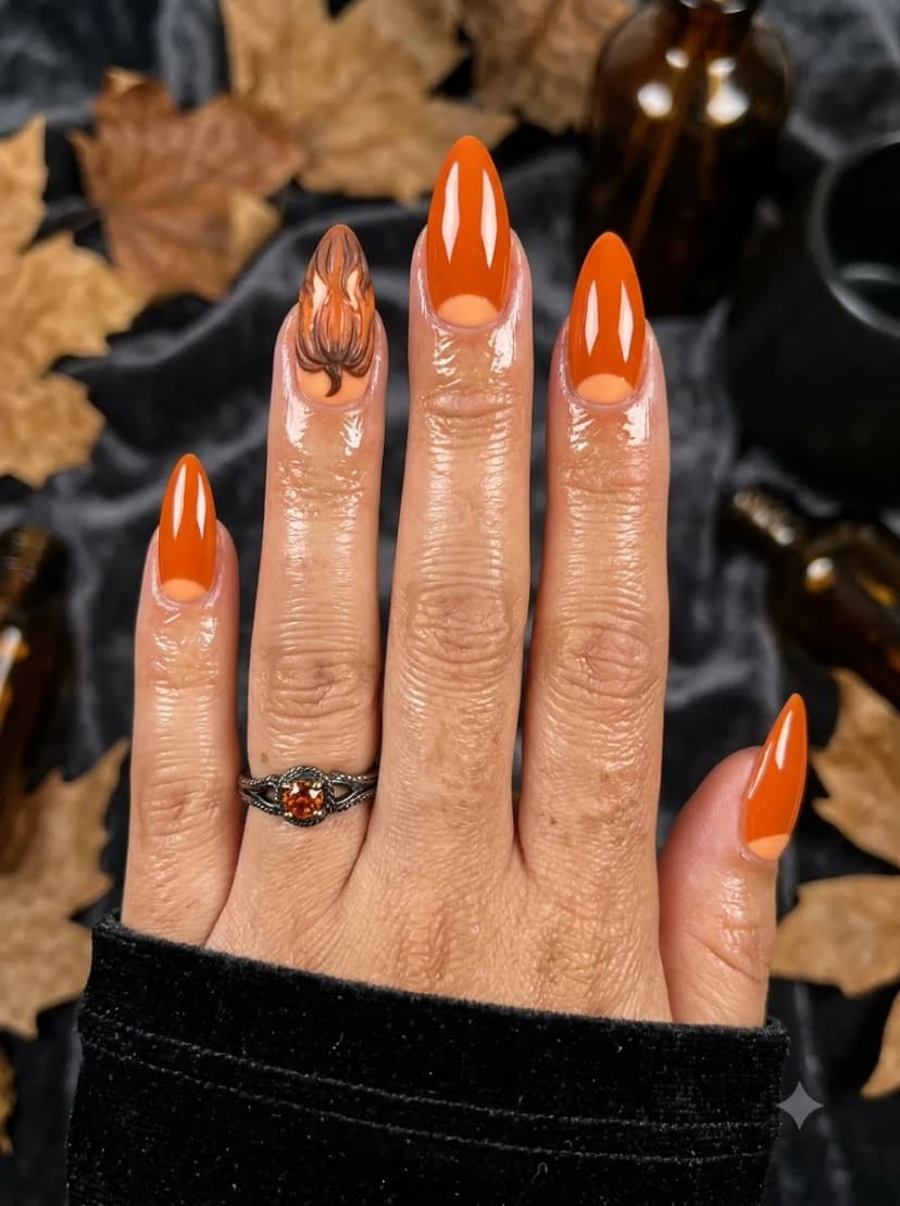 Orange Half-Moon Pumpkin Accent Stiletto Nails