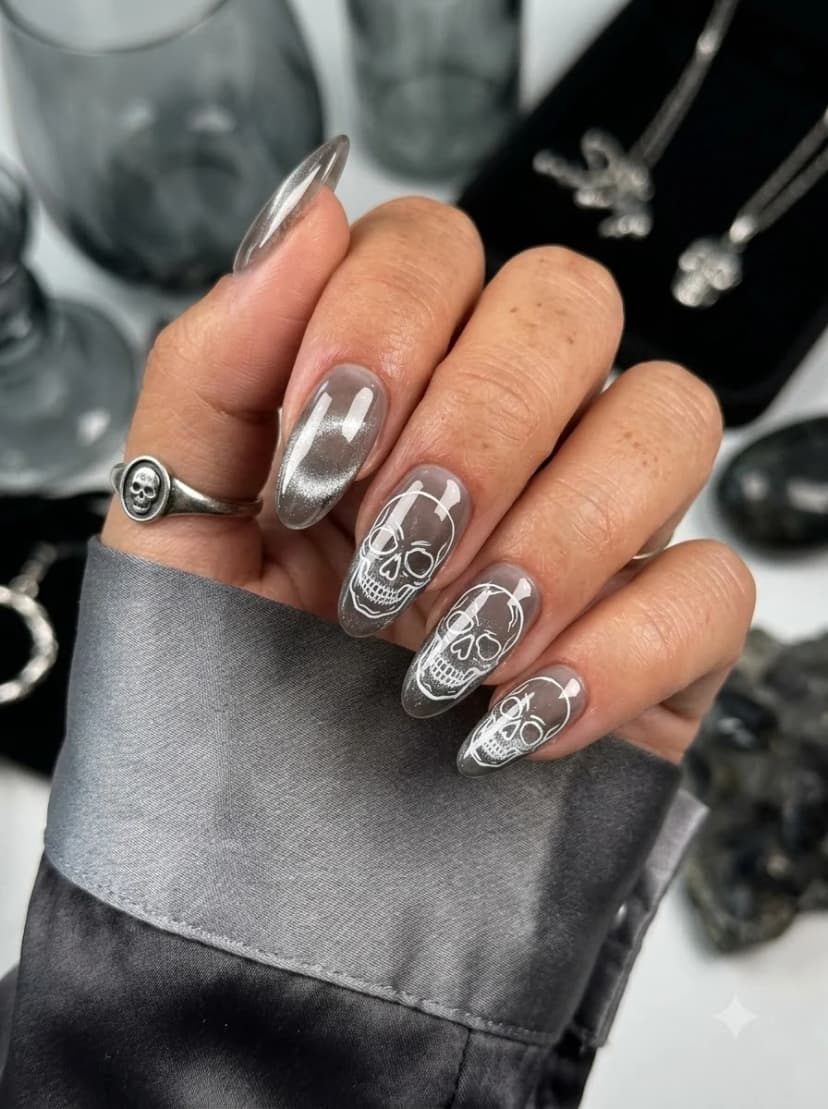 Sheer Grey Skull Line Art Nails