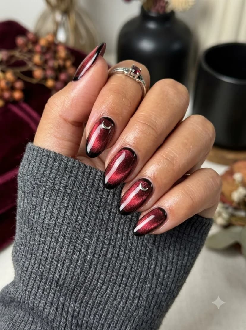 Red Cat-Eye Black Tip Moon Nails