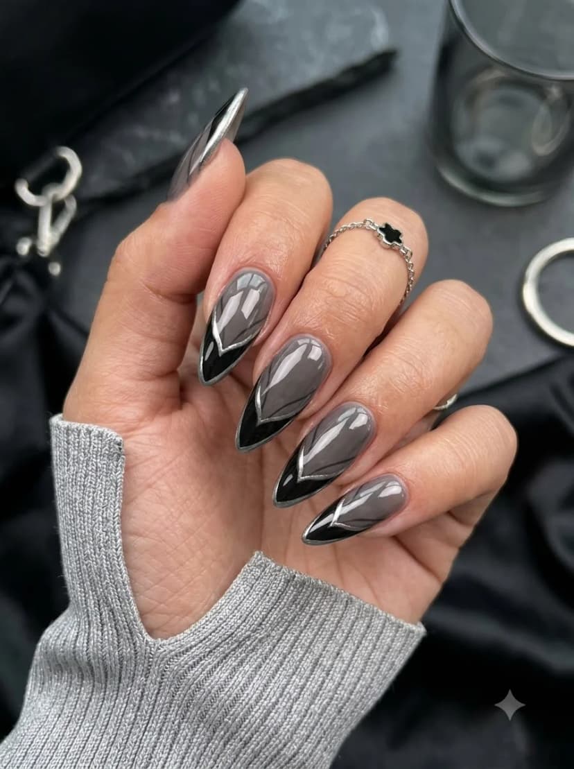 Grey Black V-Tip Silver Line Nails