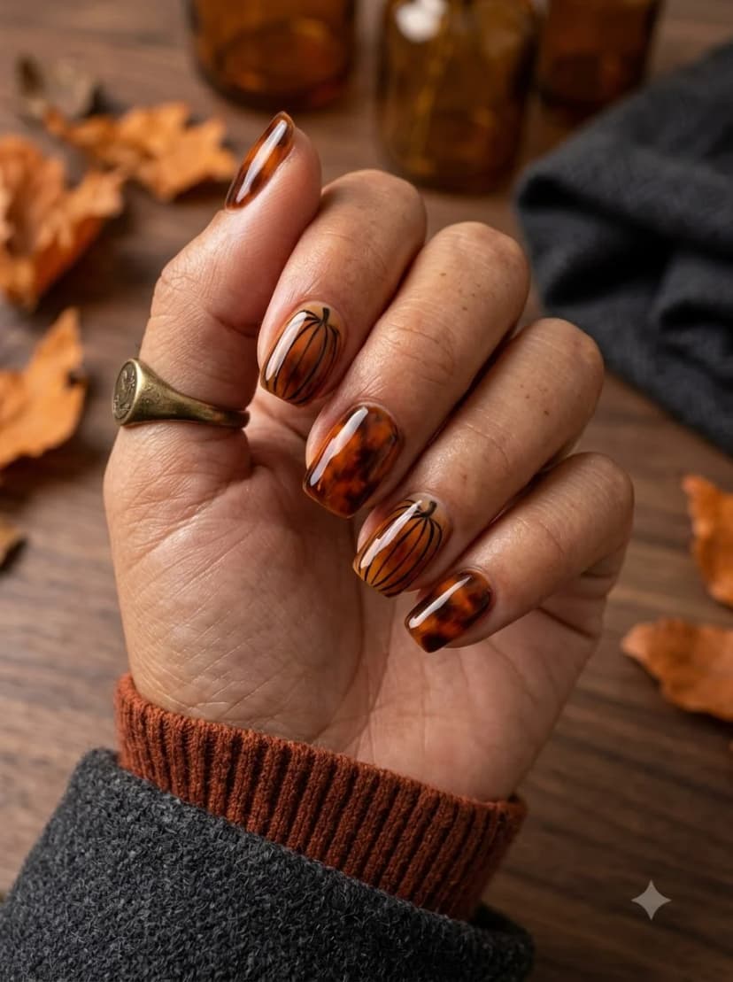 Tortoiseshell Pumpkin Outline Nails