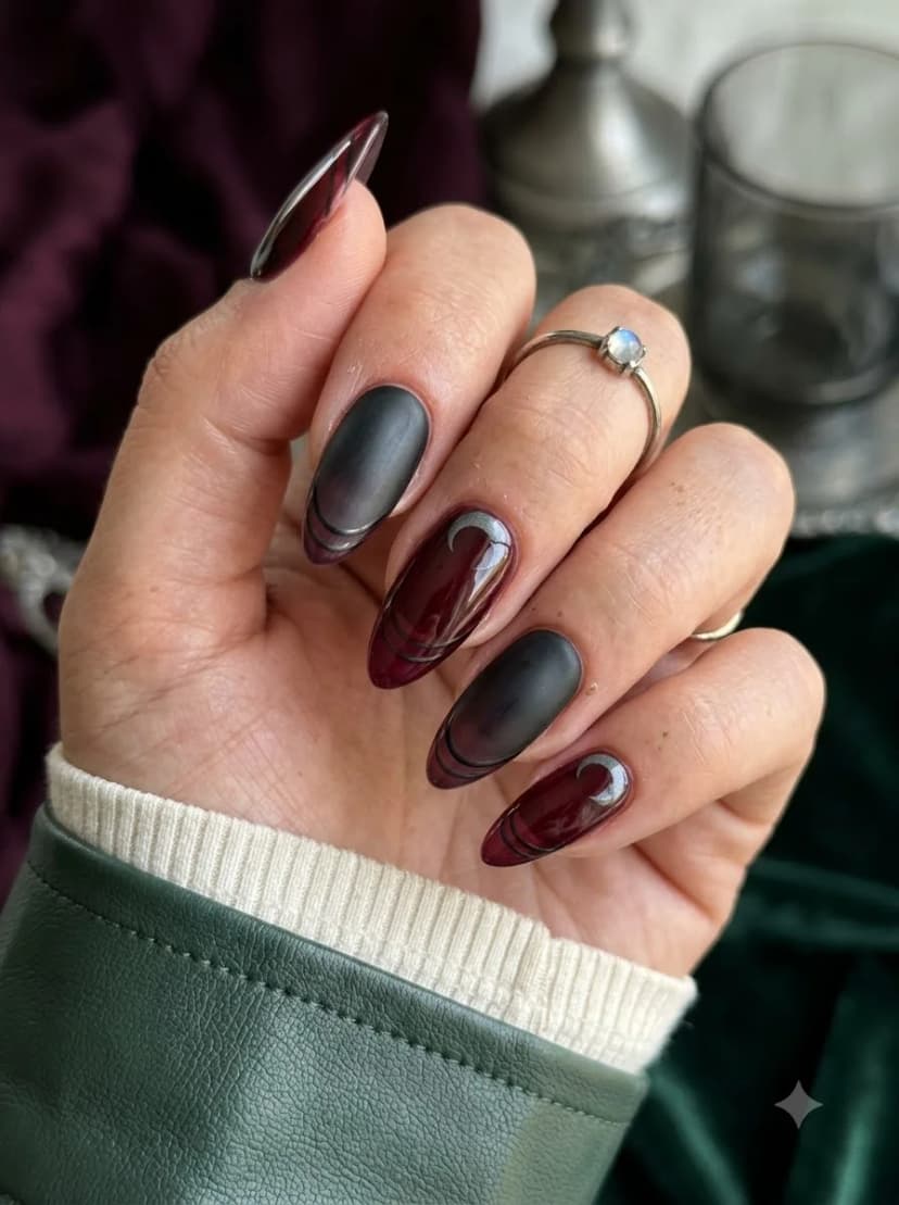 Matte Black Burgundy Ombre Moon Nails