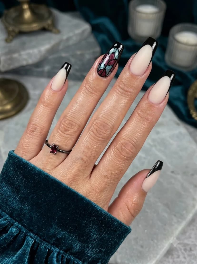 Cream Black French Tip Stained Glass Nails