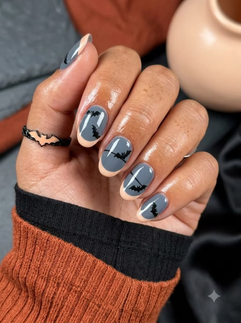 Grey Bat Silhouette French Tip Nails