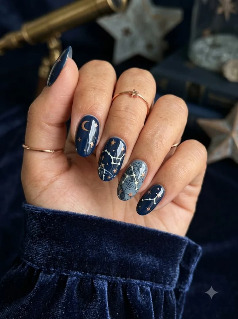 Navy Blue Constellation Moon Nails