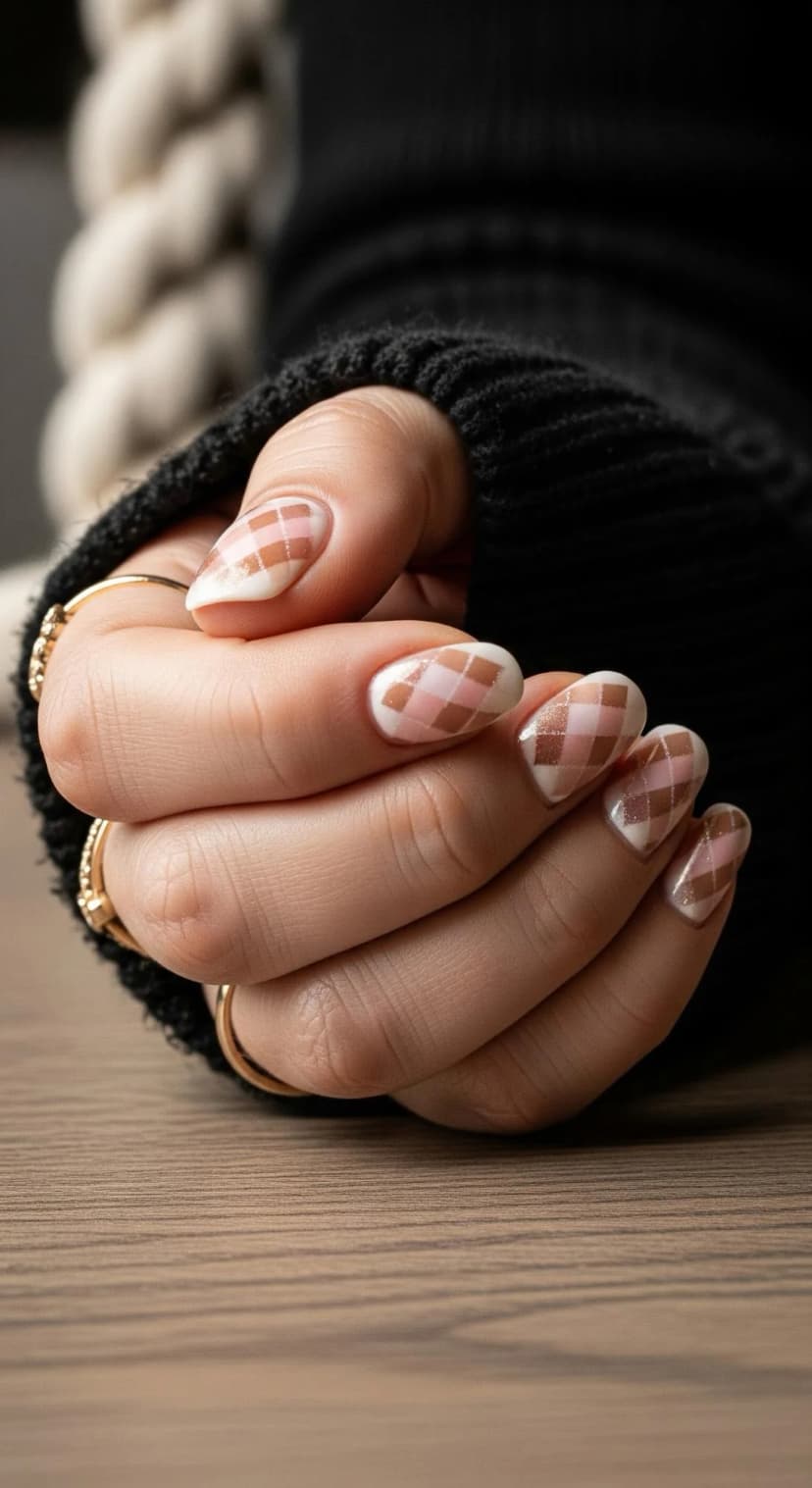 Plaid Almond-Shaped Nails (Cozy-Chic & Timeless)