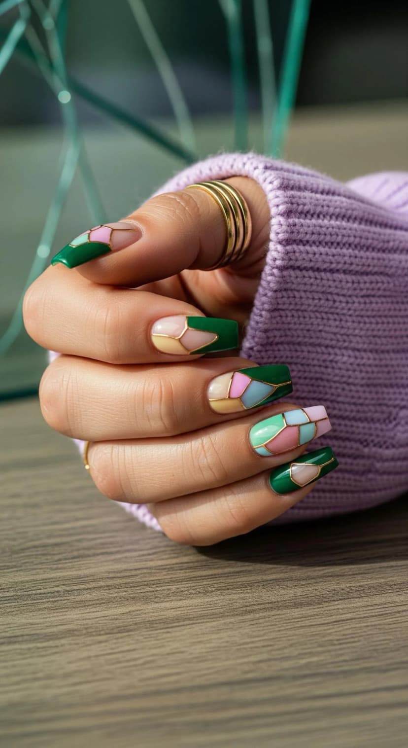 Geometric Nail Art with Soft Pastels and Gold Accents