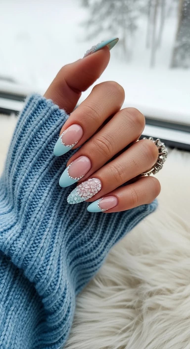 French Tips with Blue Accents and Rhinestones