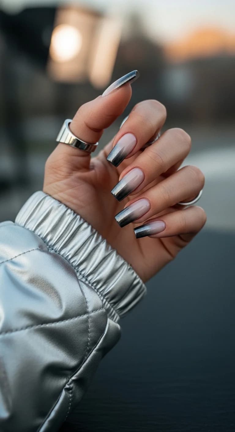 Ombre French Fade with Metallic Silver Tips