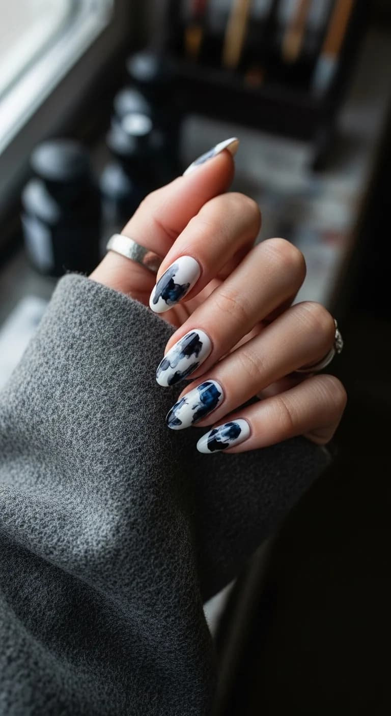 White Base with Abstract Navy and Black Swirls