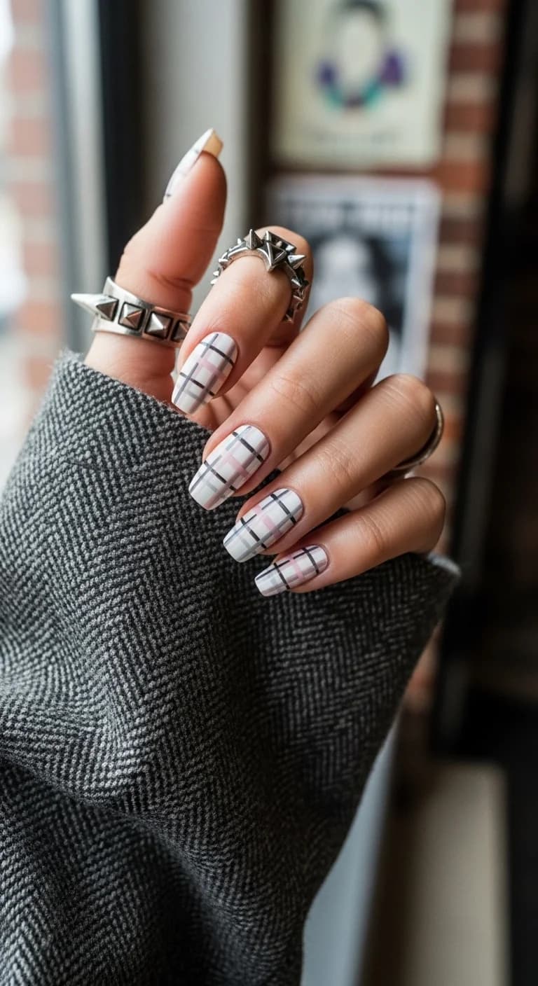 White Base with Pink, Blue, and Grey Plaid Pattern