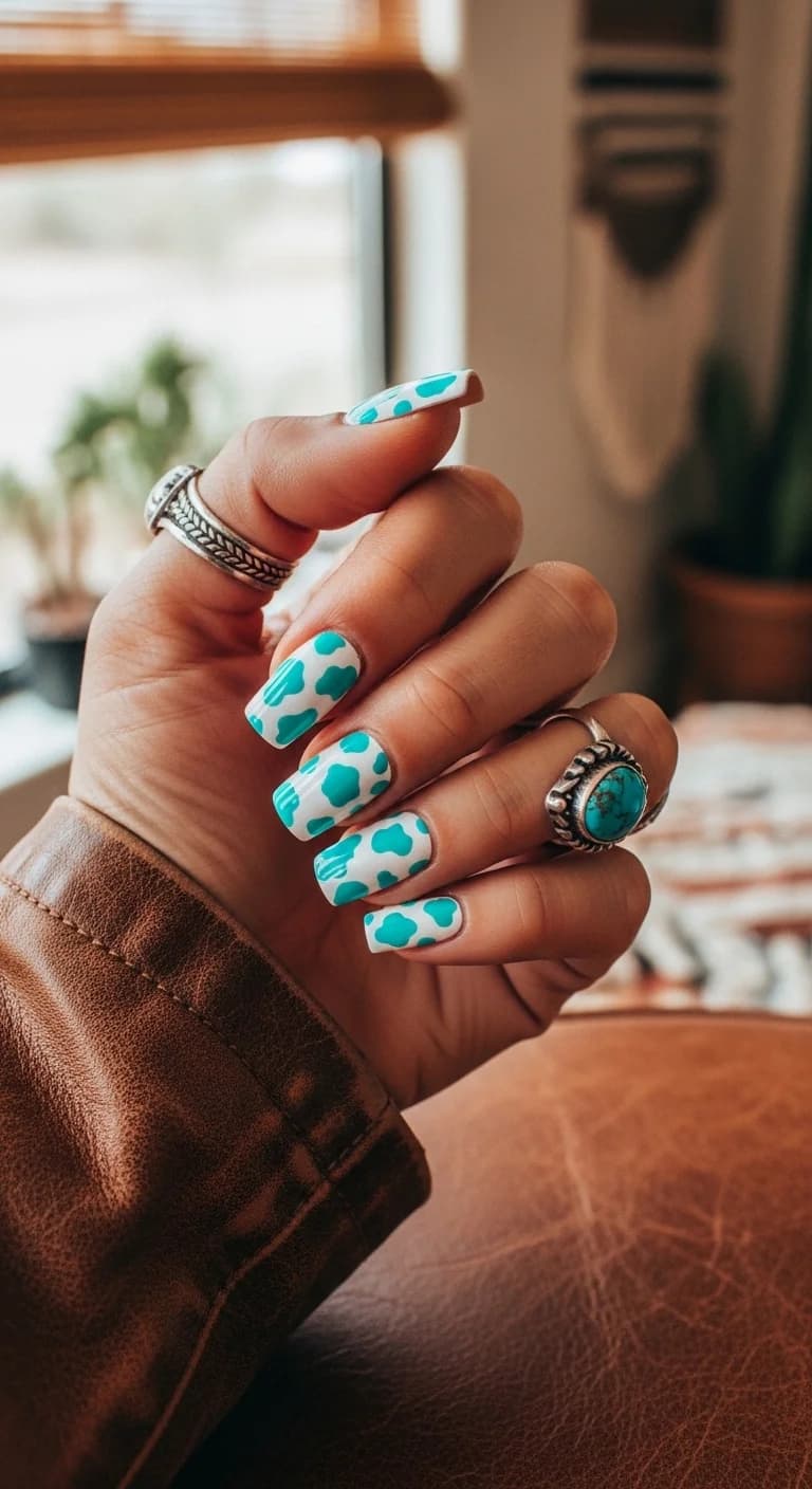 White Base with Turquoise and White Cow Print