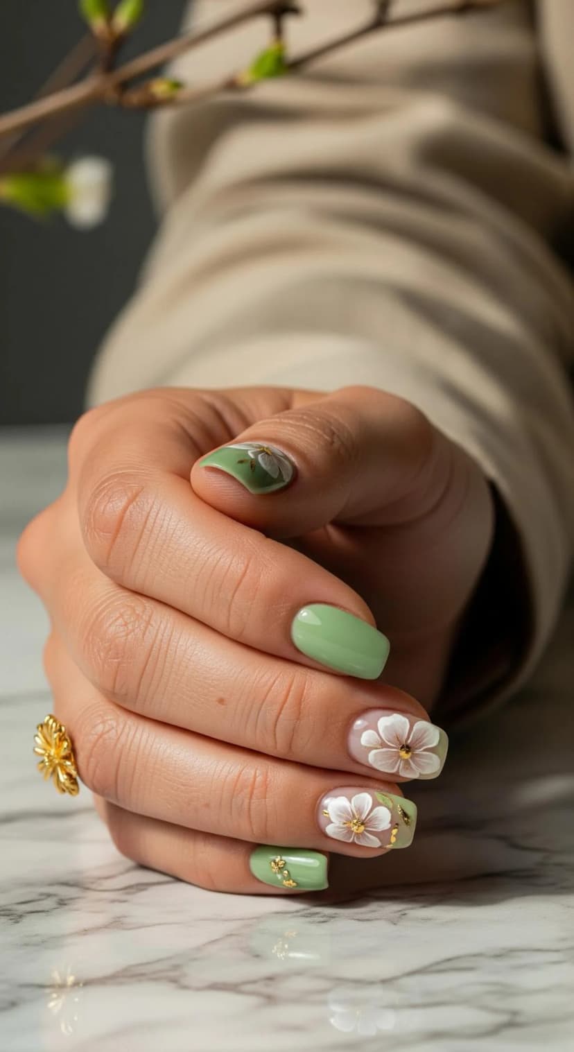 Sage Green Floral Accent Nails with White Flowers & Gold Leaf Touches