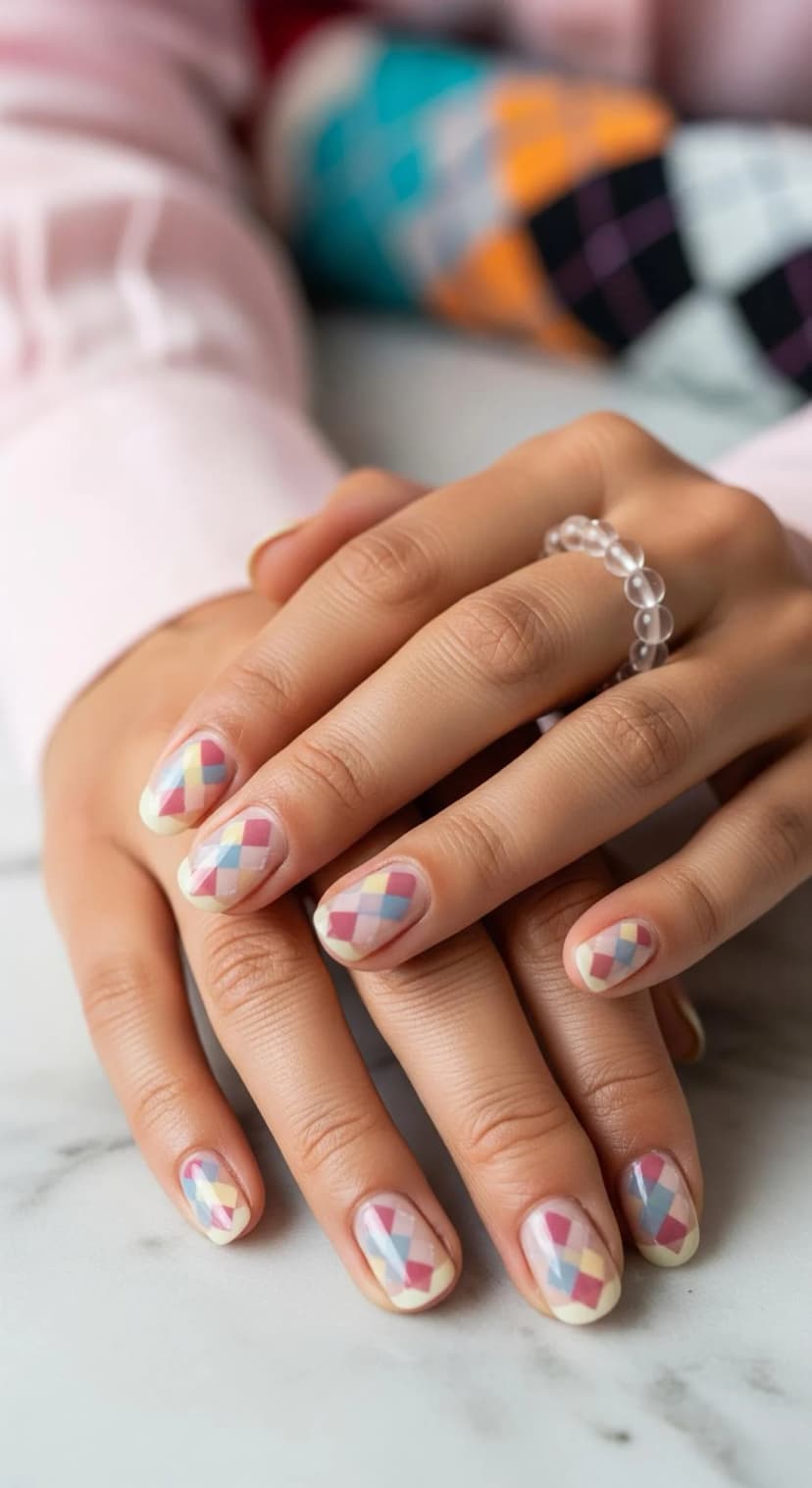 Cream French Tip Nails with Pink & Blue Argyle Accents