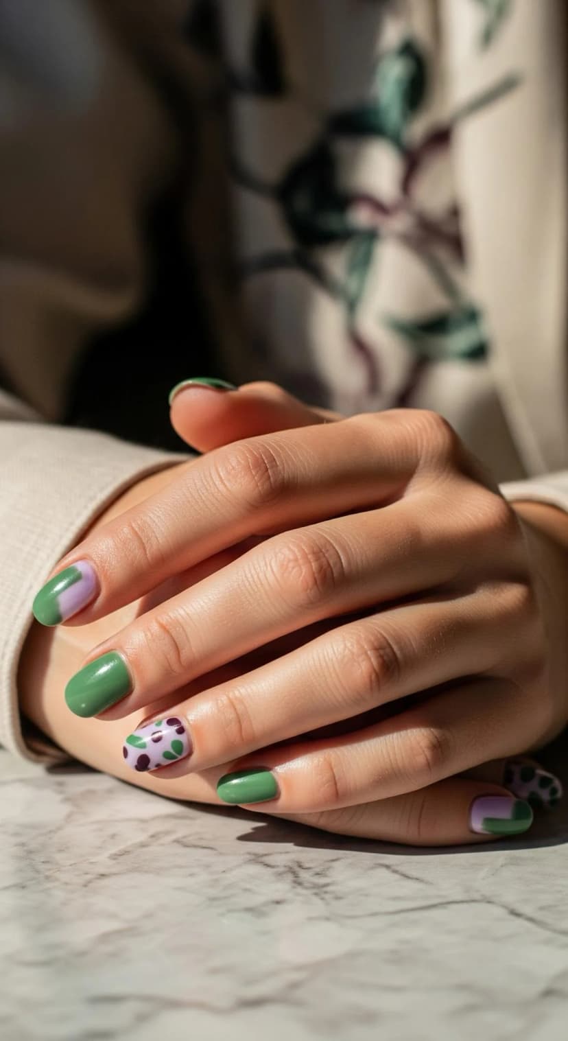 Green French Tips with Lavender Swirls & Floral Accent