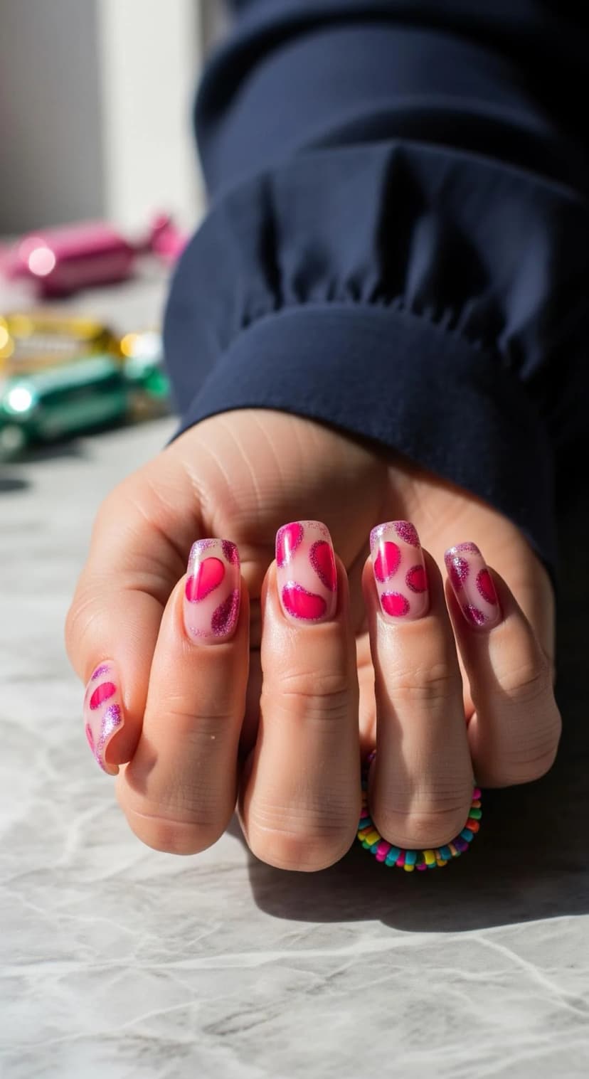 Pink Heart Glitter Nails on a Soft Sheer Base