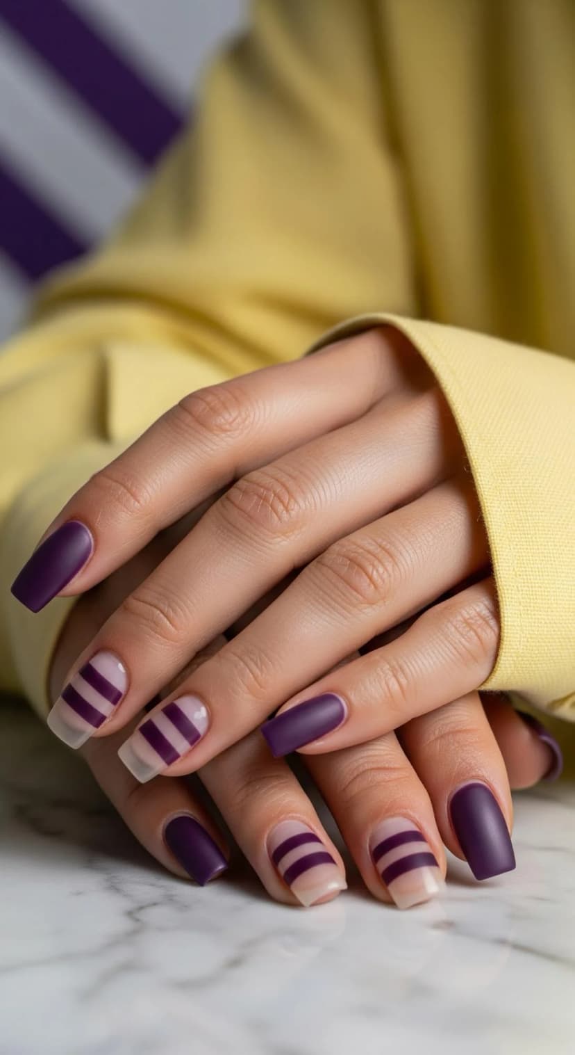 Purple Striped French Tip Nails with a Modern Twist
