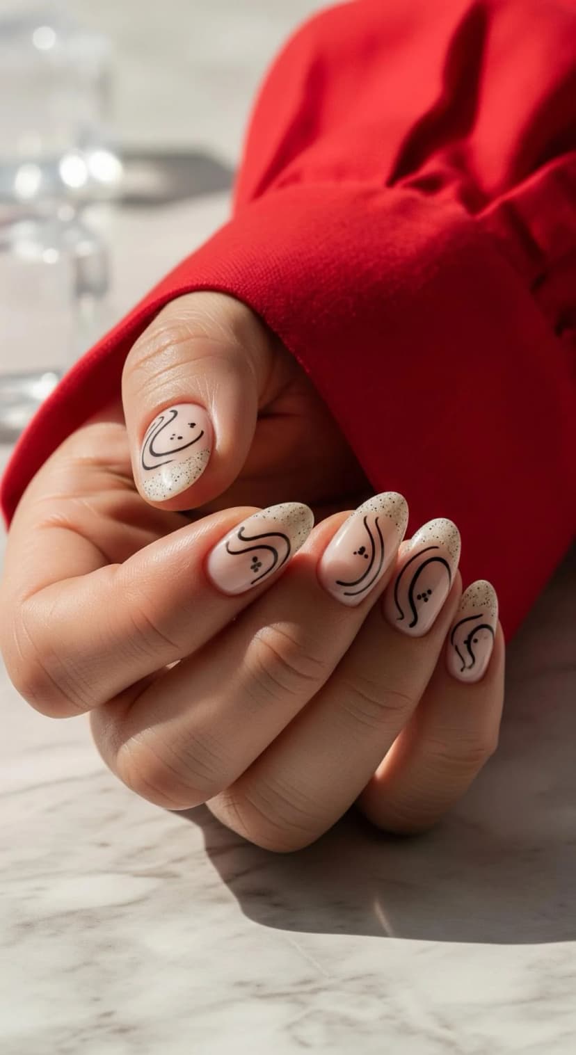 Nude Almond Nails with Glitter French Tips & Black Swirl Art