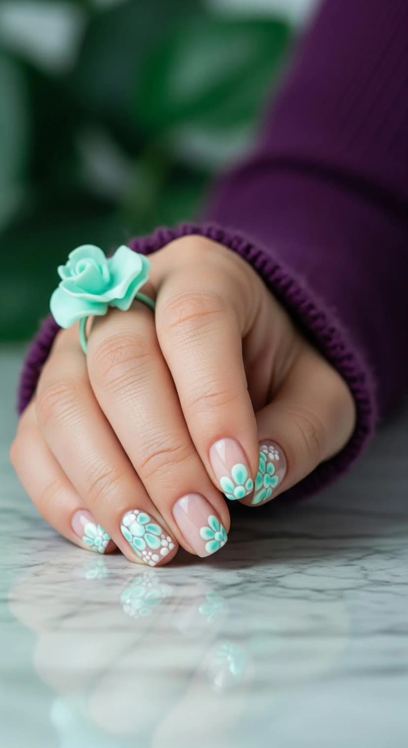 Mint Floral French Tip Nails with Soft, Delicate Details