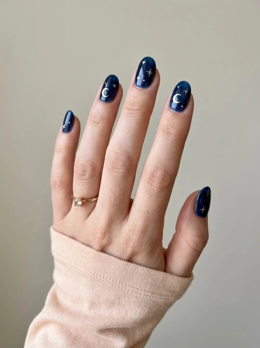 Dark navy almond nails with silver crescent moons and small star details
