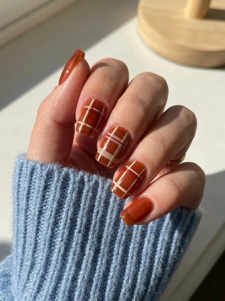 Short glossy burnt orange nails with cream and deep rust plaid line patterns