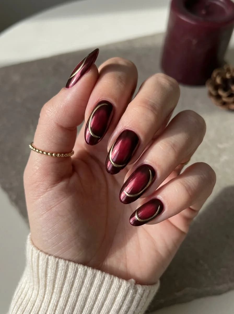 Almond deep burgundy cat-eye nails with slim metallic gold curved line framing