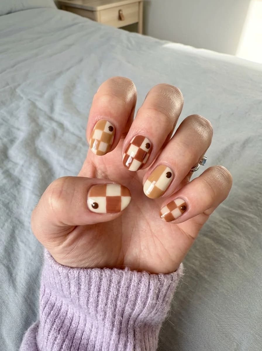 Short glossy cream, caramel, and warm brown checkerboard nails with small chocolate dot accents