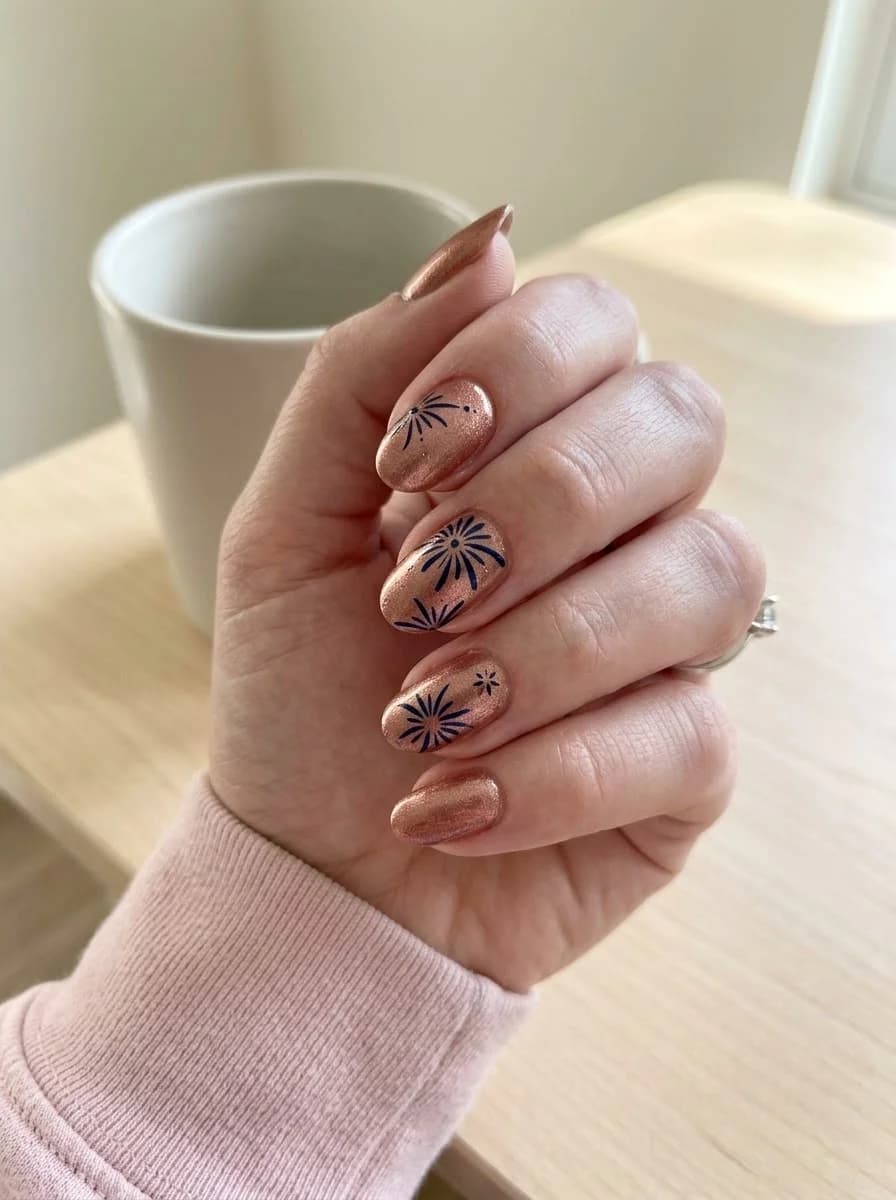 Short shimmering rose gold nails with scattered navy blue starburst accents