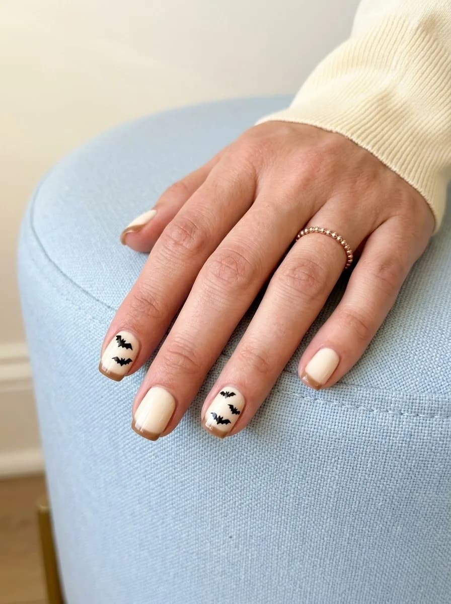 Short squoval cream-colored nails with warm brown French tips and small black bat silhouettes on accent nails