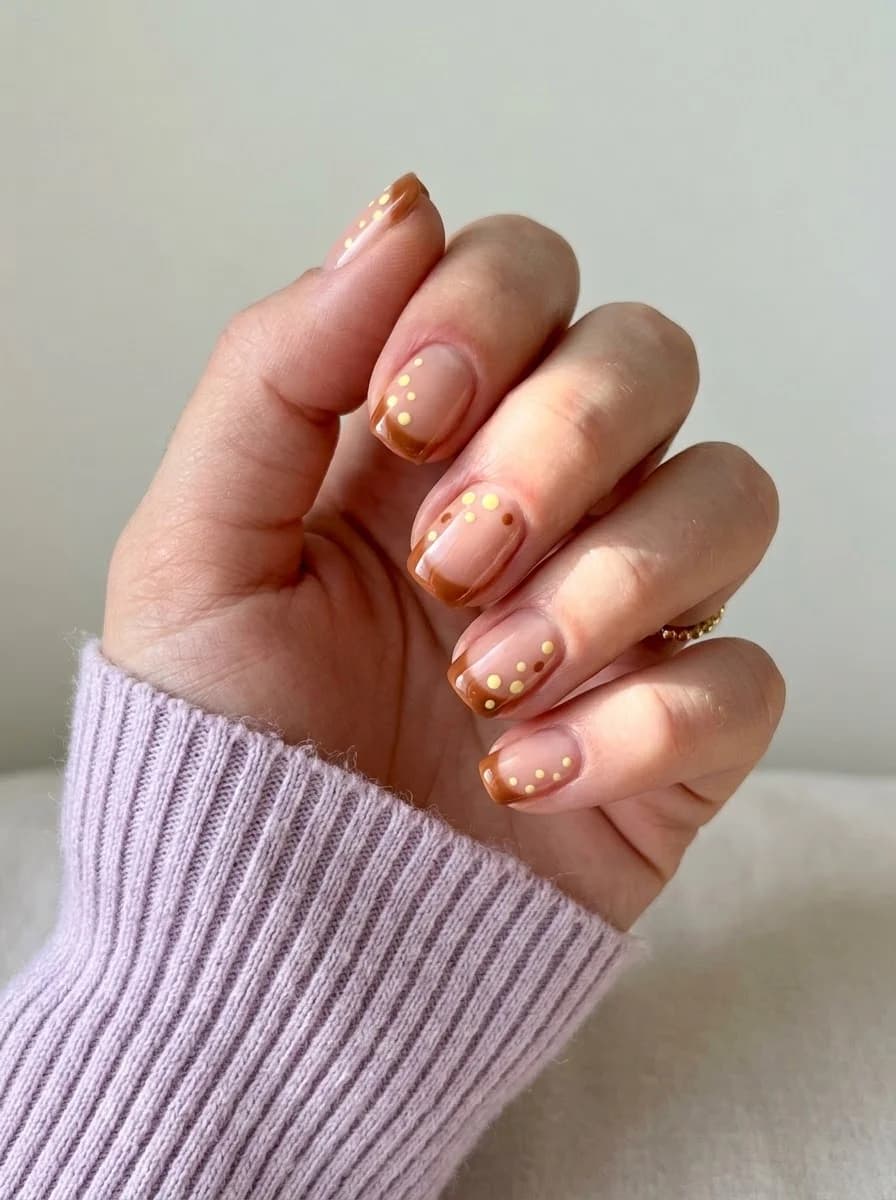 Short sheer nude nails with translucent caramel French tips and golden yellow and brown dots