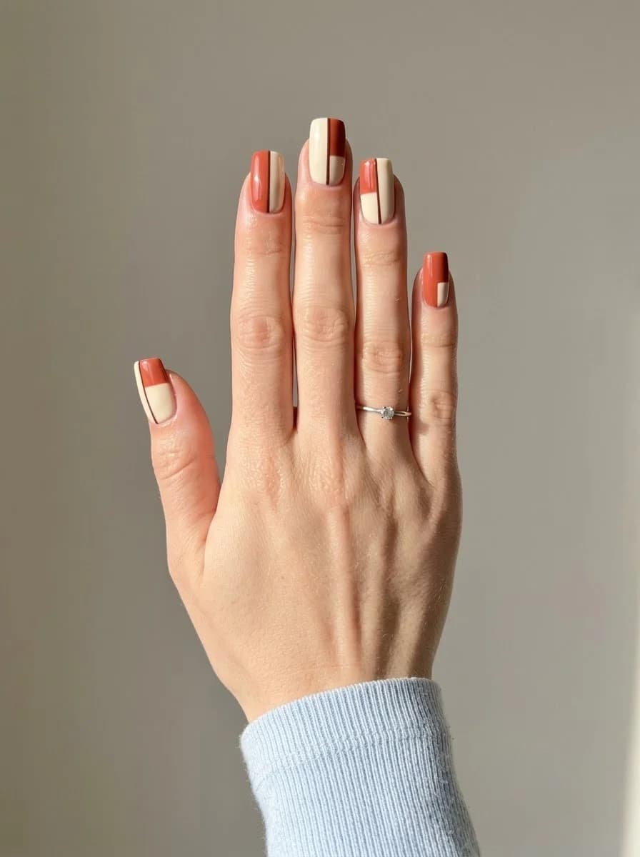 Short square nails with terracotta orange and cream geometric color block pattern with black line details