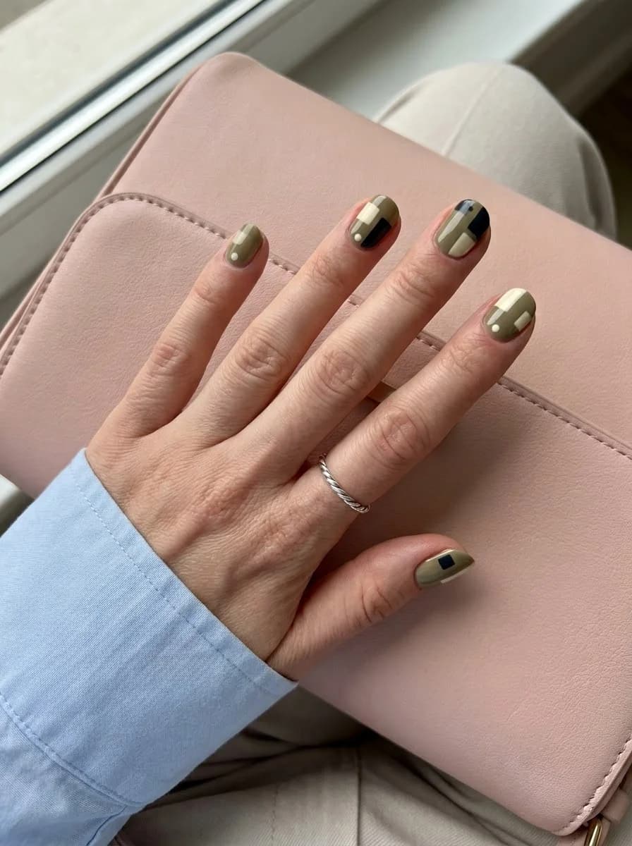 Soft khaki olive green nails with cream and black geometric color blocks and dot accents