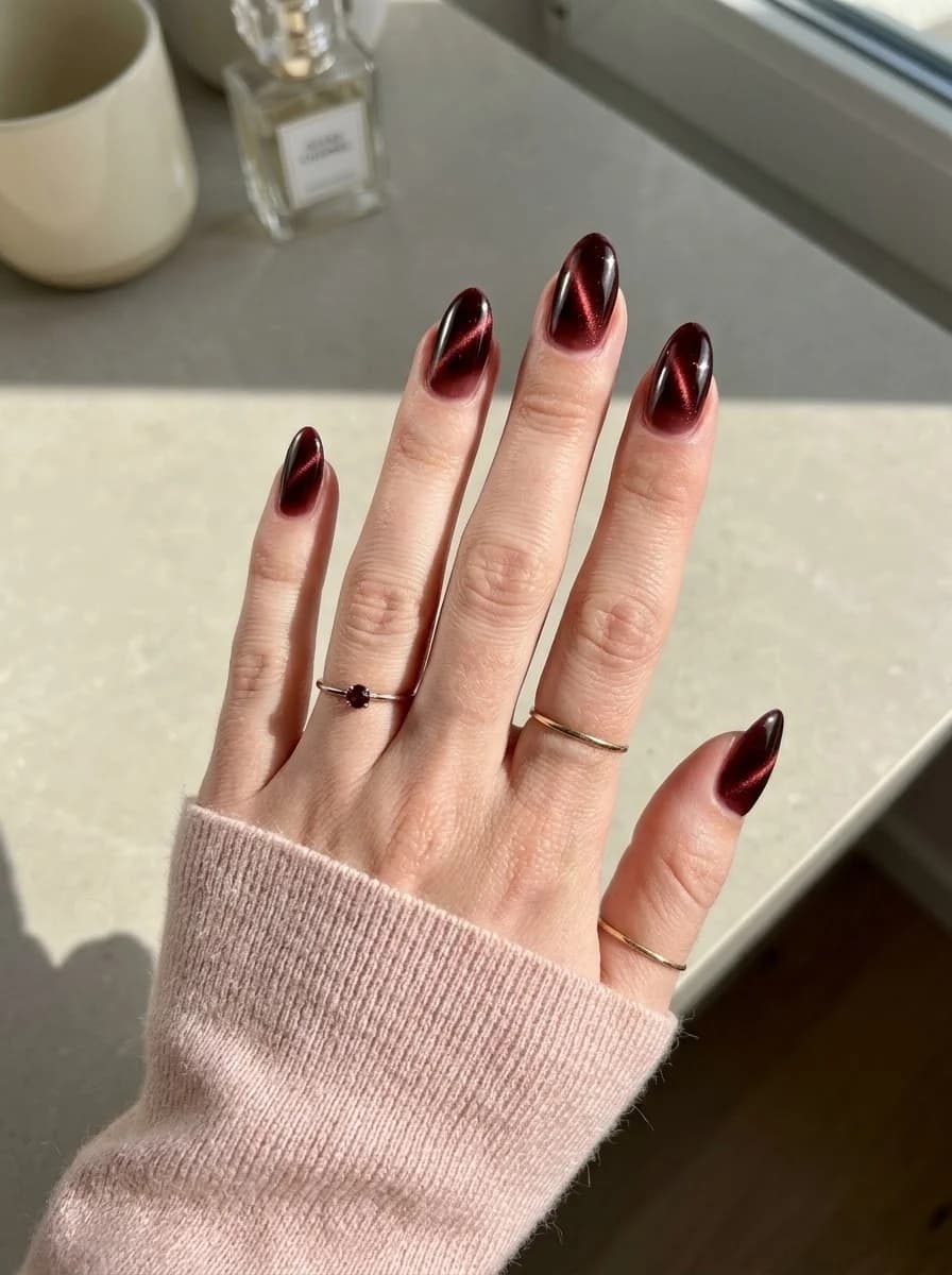 Deep wine red almond nails with a glowing velvet-like cat-eye magnetic shimmer finish