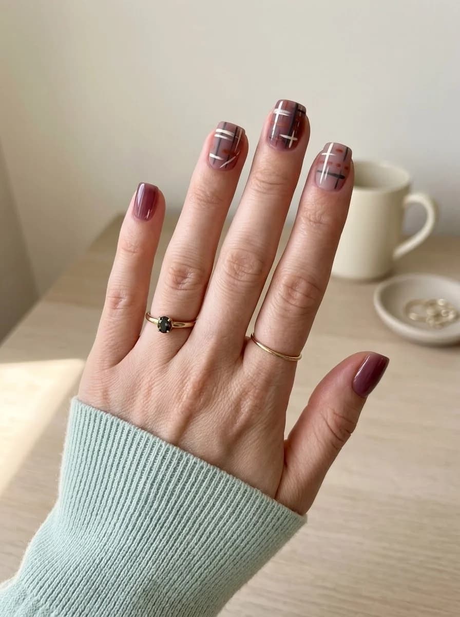 Short square dusty mauve nails with fine burgundy, black, and white plaid line accents