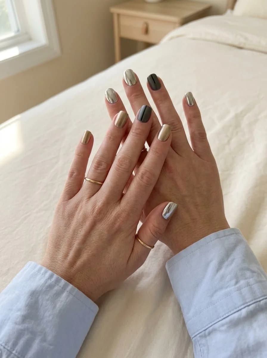 Sleek short nails alternating between silver chrome, pale gold, and smoky grey finishes
