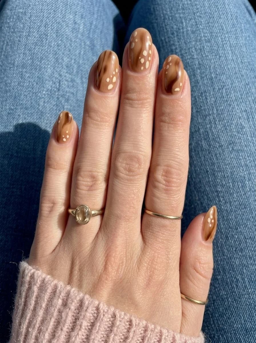 Almond caramel and chocolate brown marbled nails with tiny cream polka dot accents