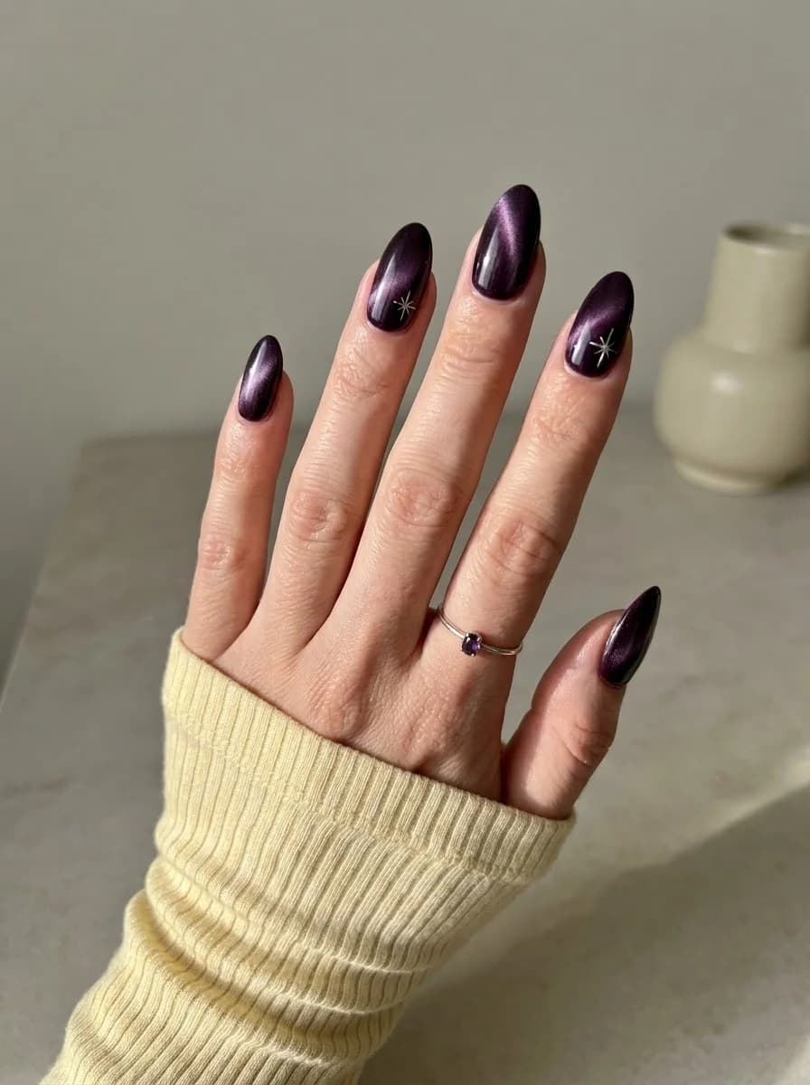 Almond deep plum magnetic cat-eye nails with tiny silver starburst details