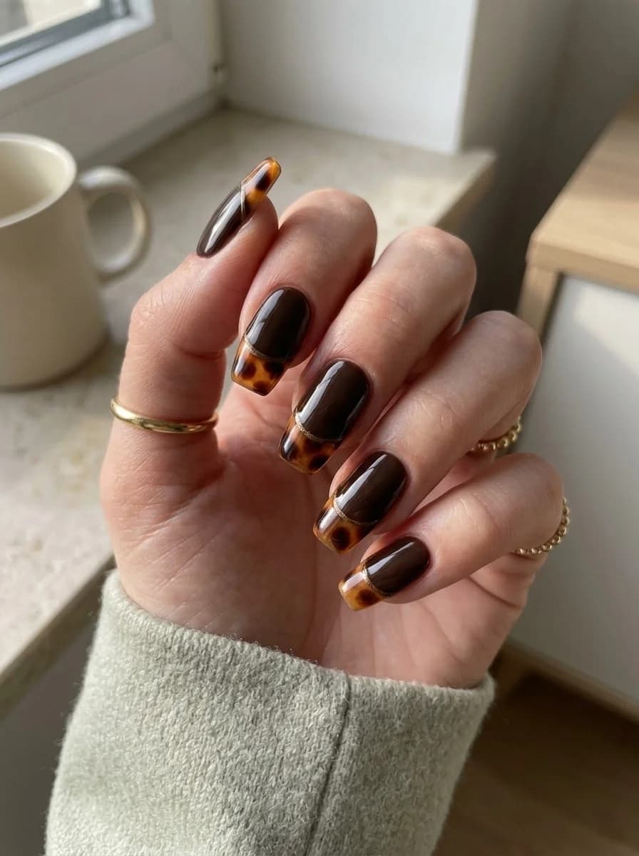 Long square glossy espresso brown nails with amber and dark brown tortoiseshell French tips and metallic line accent