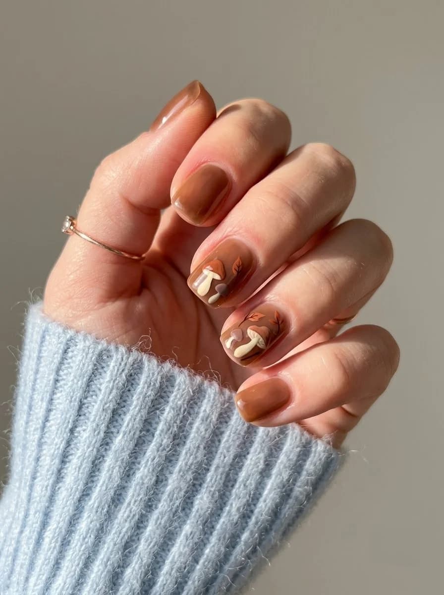 Short square warm brown nails with tiny mushroom and autumn leaf illustrations on accent nails