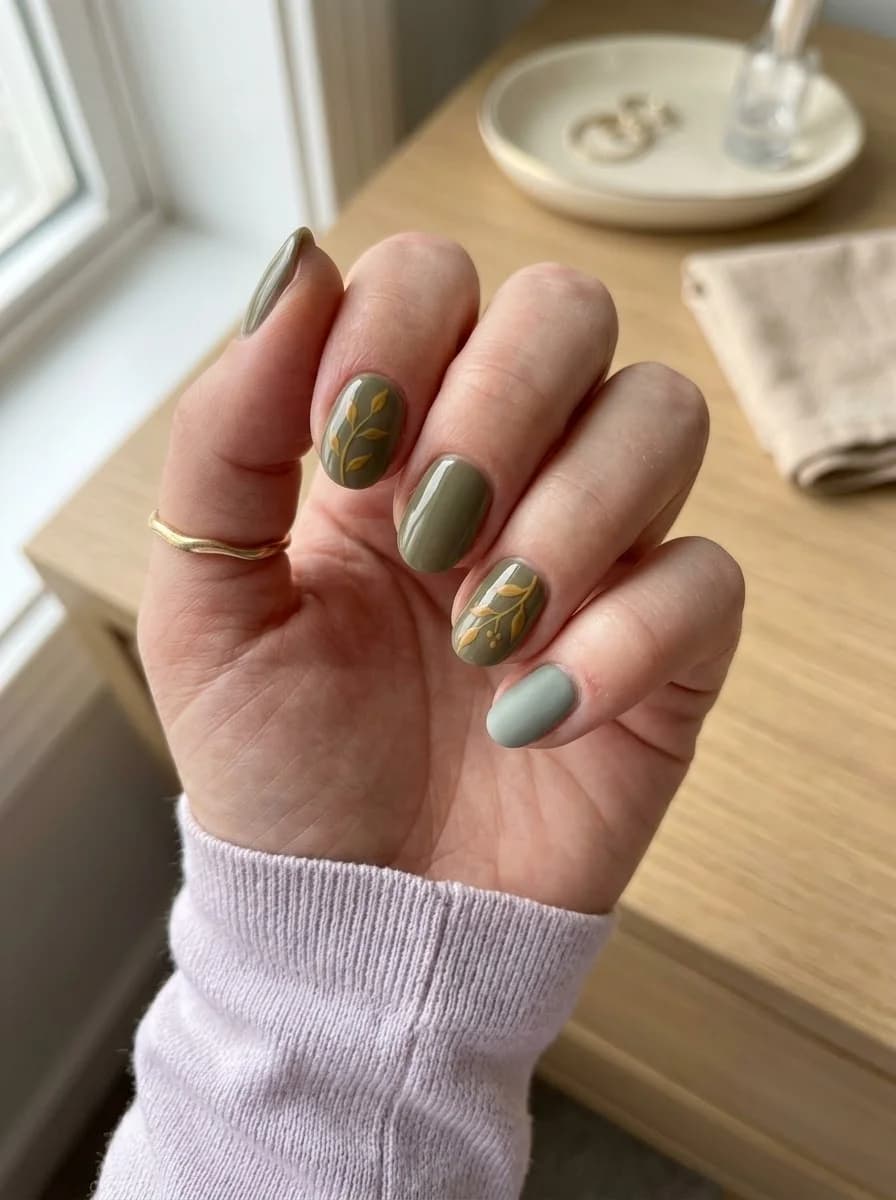 Short almond muted sage and olive green nails with delicate gold botanical branch illustrations