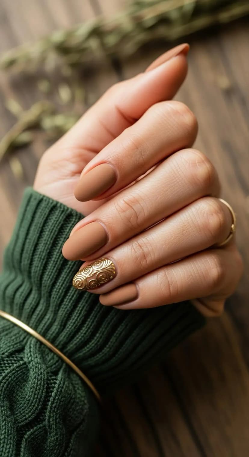 Matte Camel Almond Nails + Gold Swirl Accent