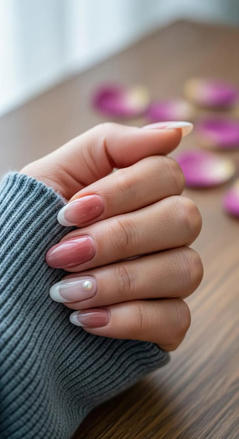 Rose Gold Ombre French Tip + Pearl Accent