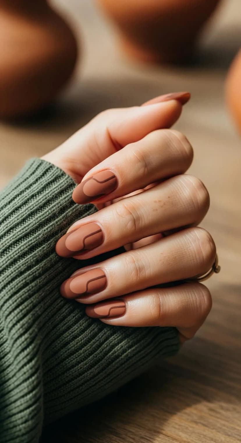 Brown Swirl Matte Almond Nails