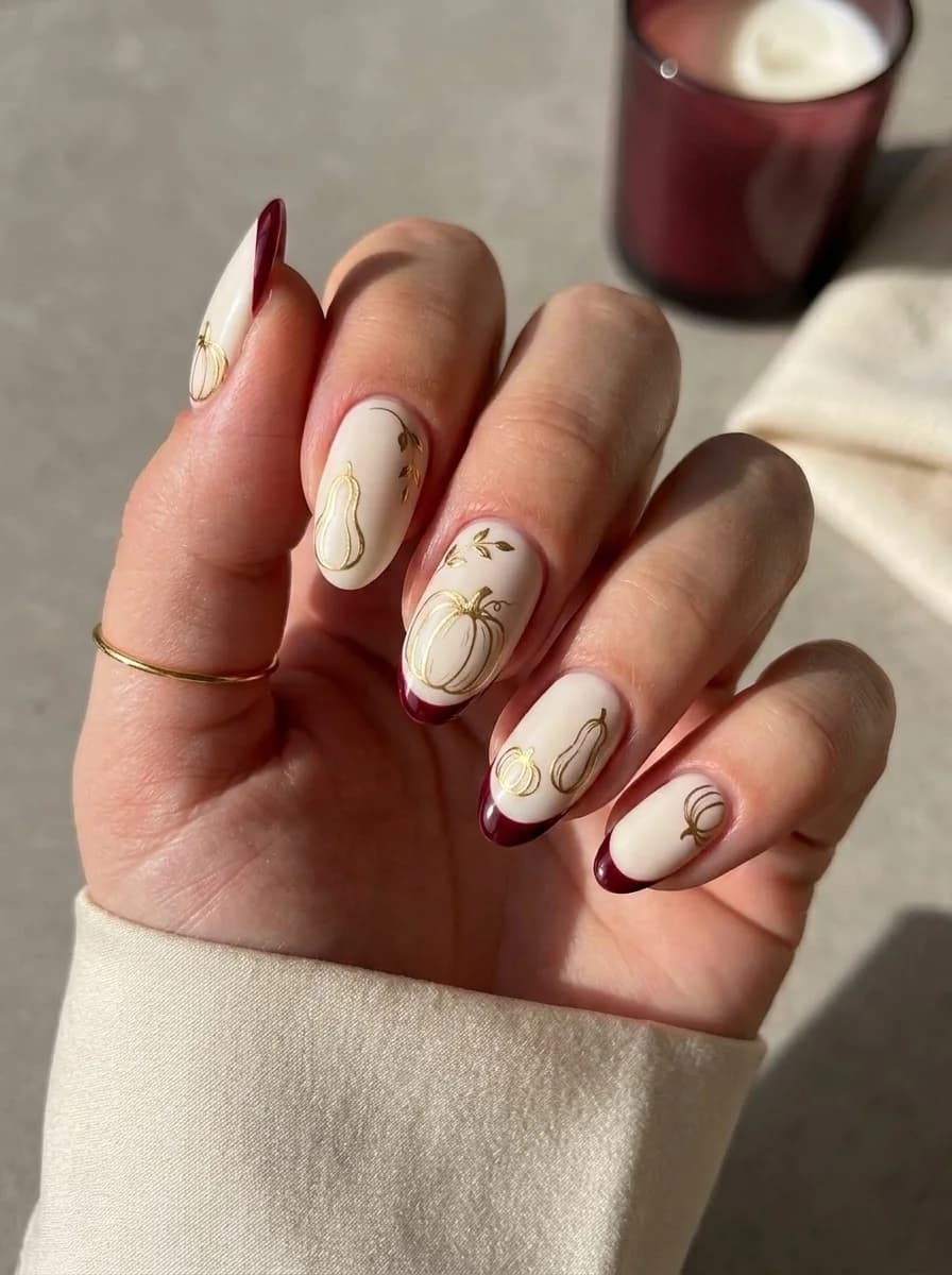Burgundy French & Golden Pumpkin Nails with ivory base, burgundy tips, and metallic gold pumpkin outlines