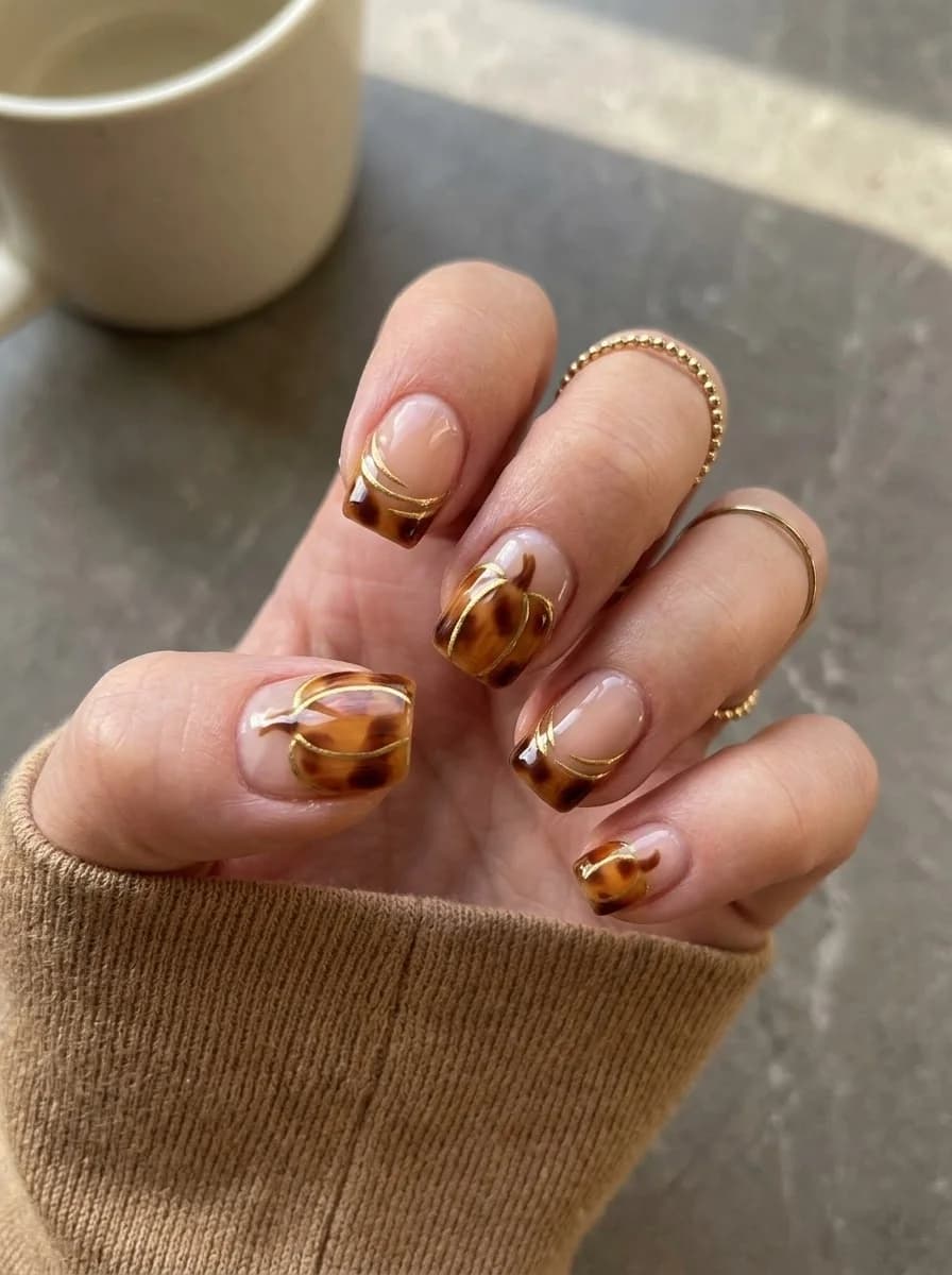 Tortoiseshell Pumpkin French Nails with glossy tortoiseshell tips and gold line pumpkin details