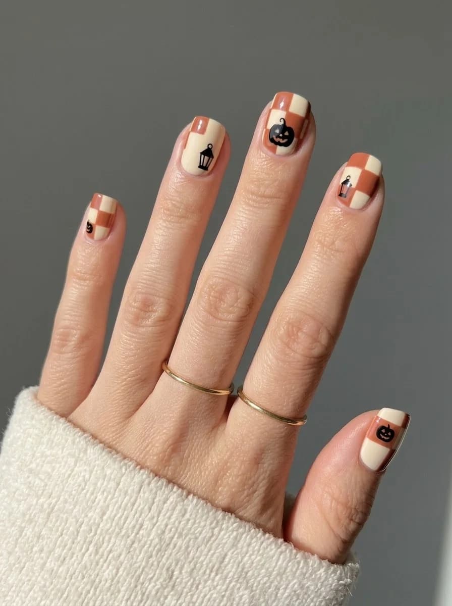 Pumpkin Lantern Plaid nails with terracotta checkers and jack-o'-lantern details