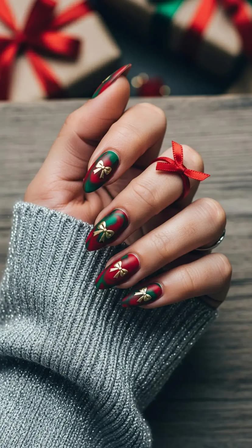 Matte Red & Green Swirls + 3D Gold Ribbon Bow