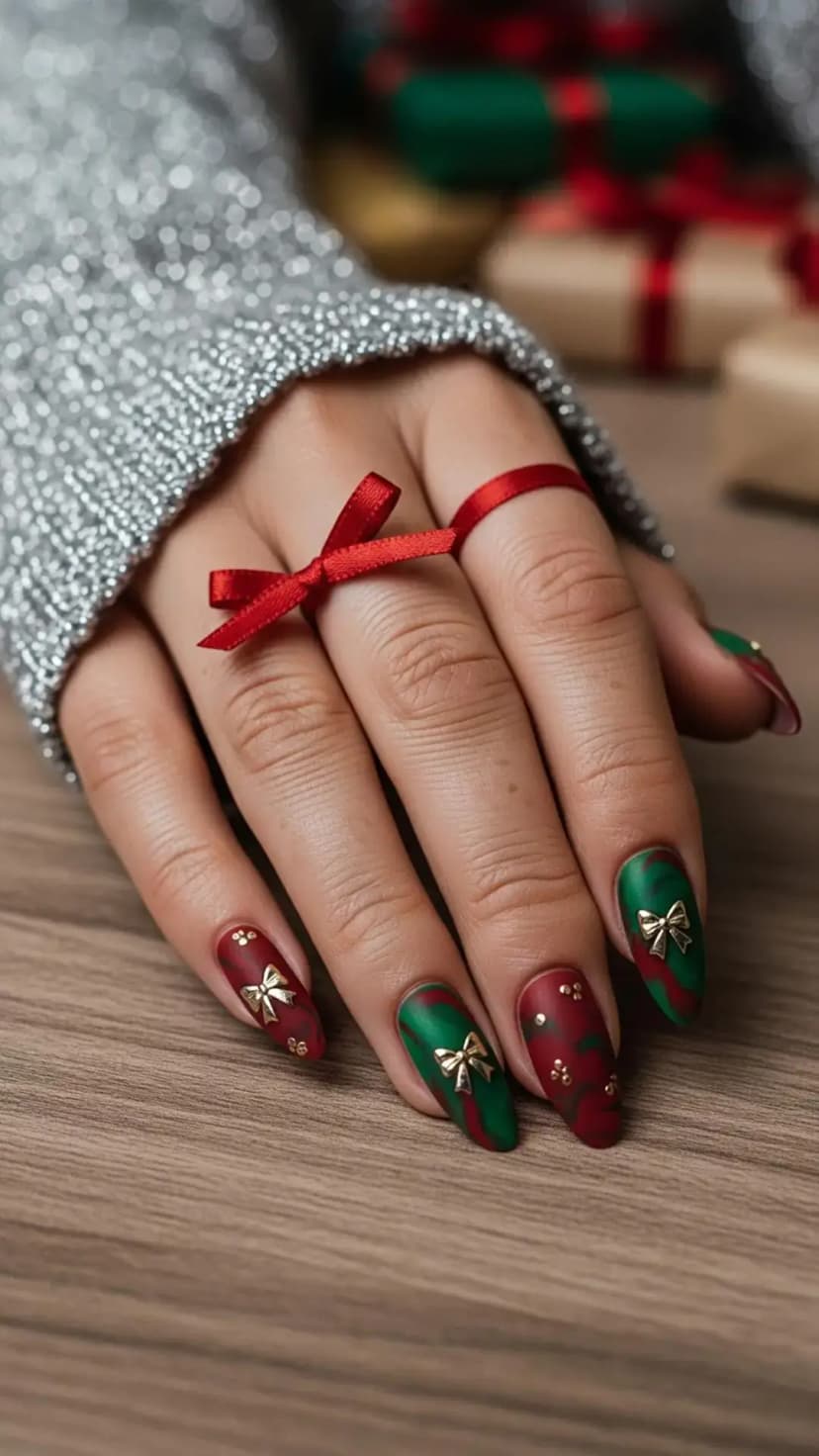 Matte Red & Green Swirls + 3D Gold Ribbon Bow